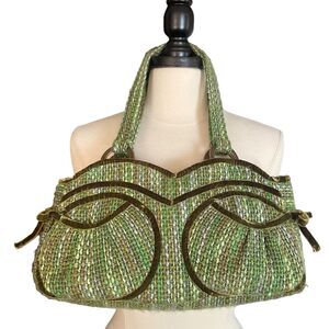 Shiraleah Boho Shoulder Tote Satchel Green Tweed Shoulder Bag Velvet Trim Preppy
